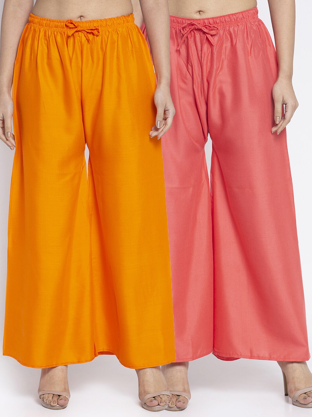 

Jinfo Women Pack Of 2 Orange & Pink Solid Flared Palazzo