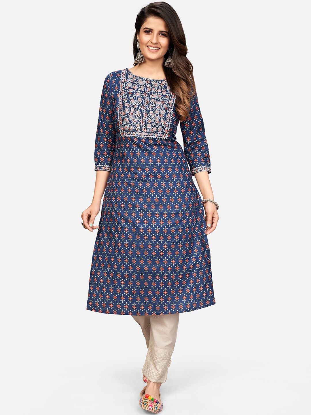 

Vbuyz Women Blue & Coral Ethnic Motifs Printed Mirror Work Cotton A-line Kurta