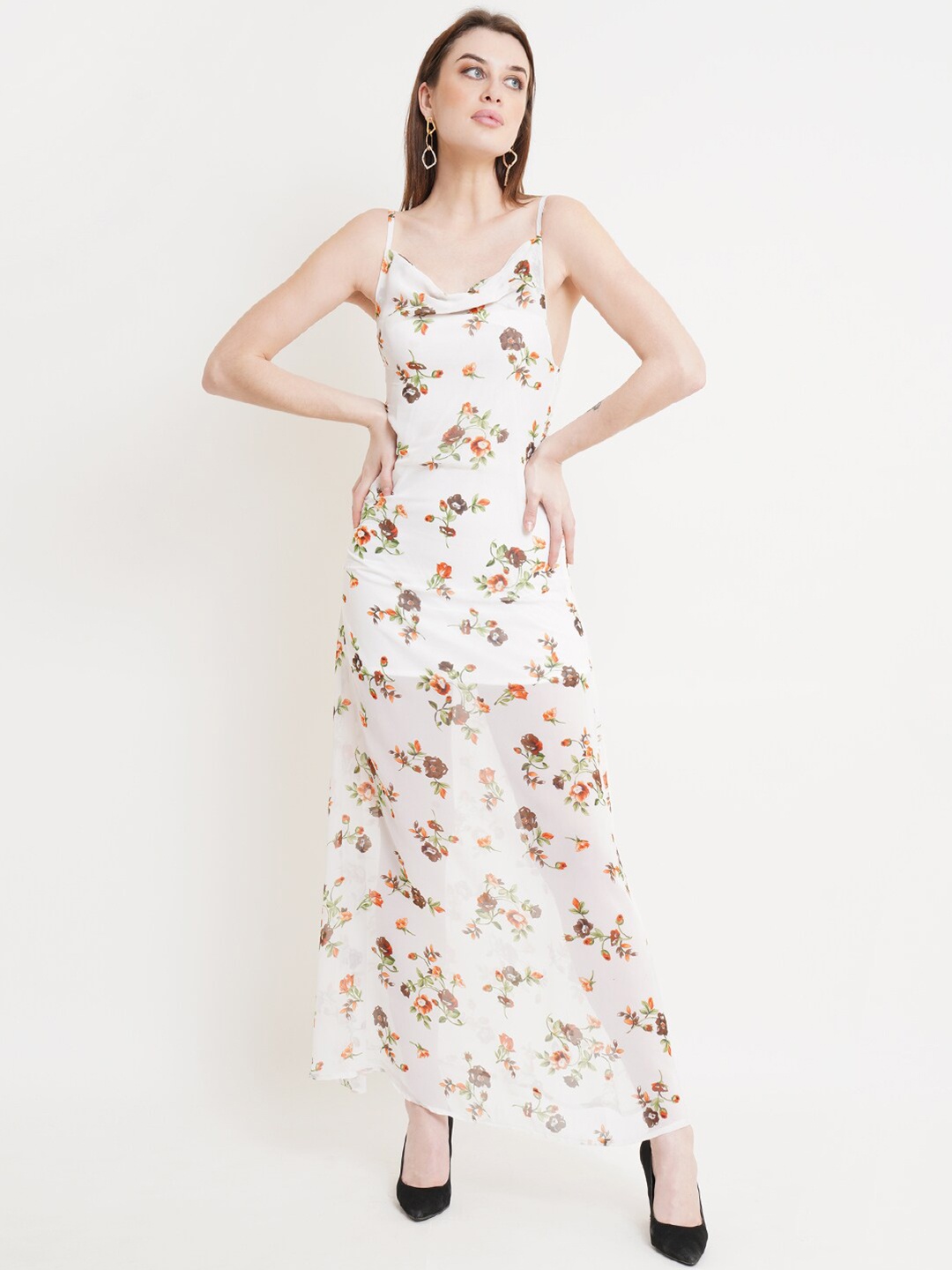 

DODO & MOA Off White & Multicoloured Floral Printed Georgette Maxi Dress