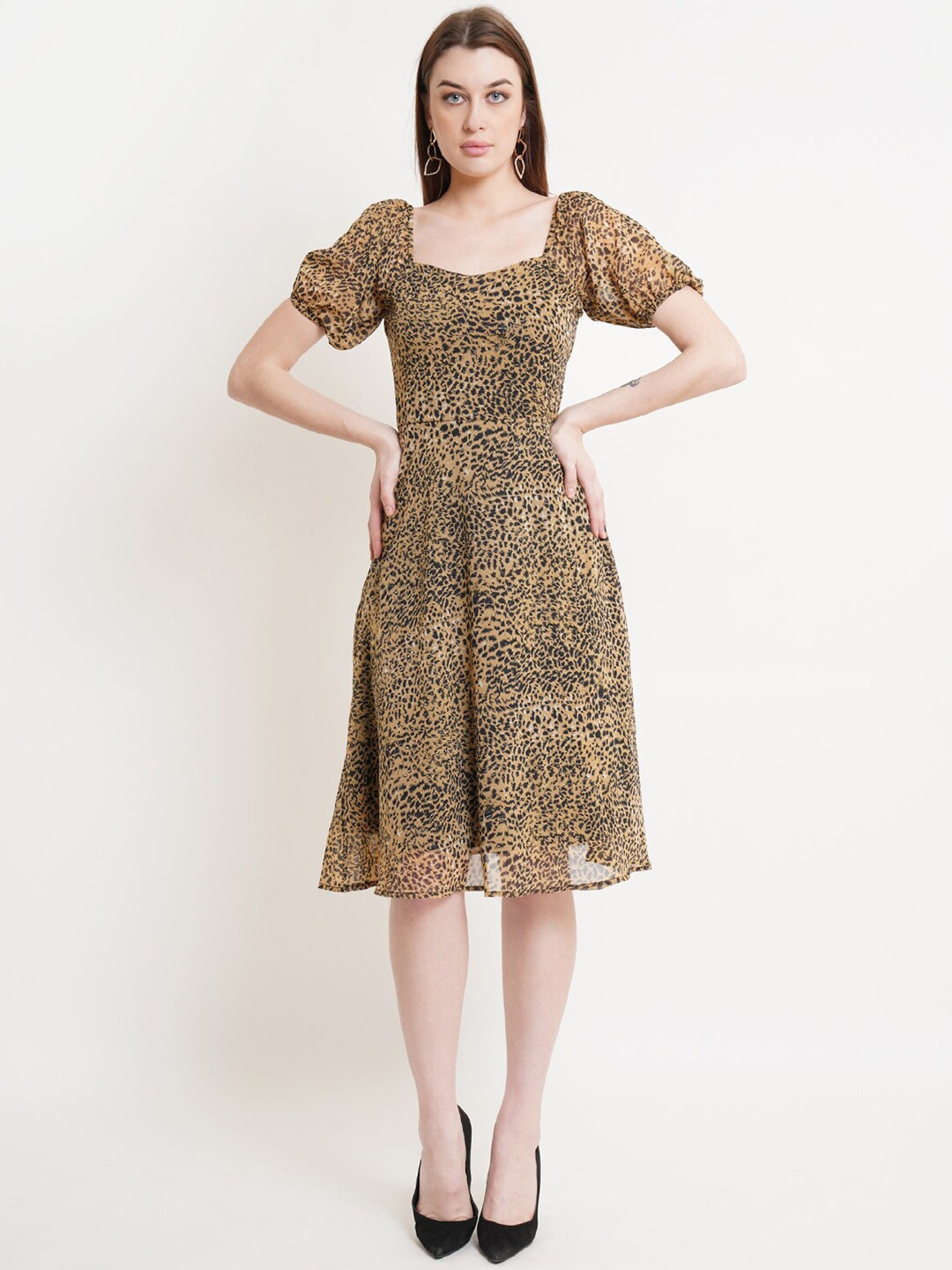 

DODO & MOA Brown & Black Animal Printed Puff Sleeves Georgette Dress
