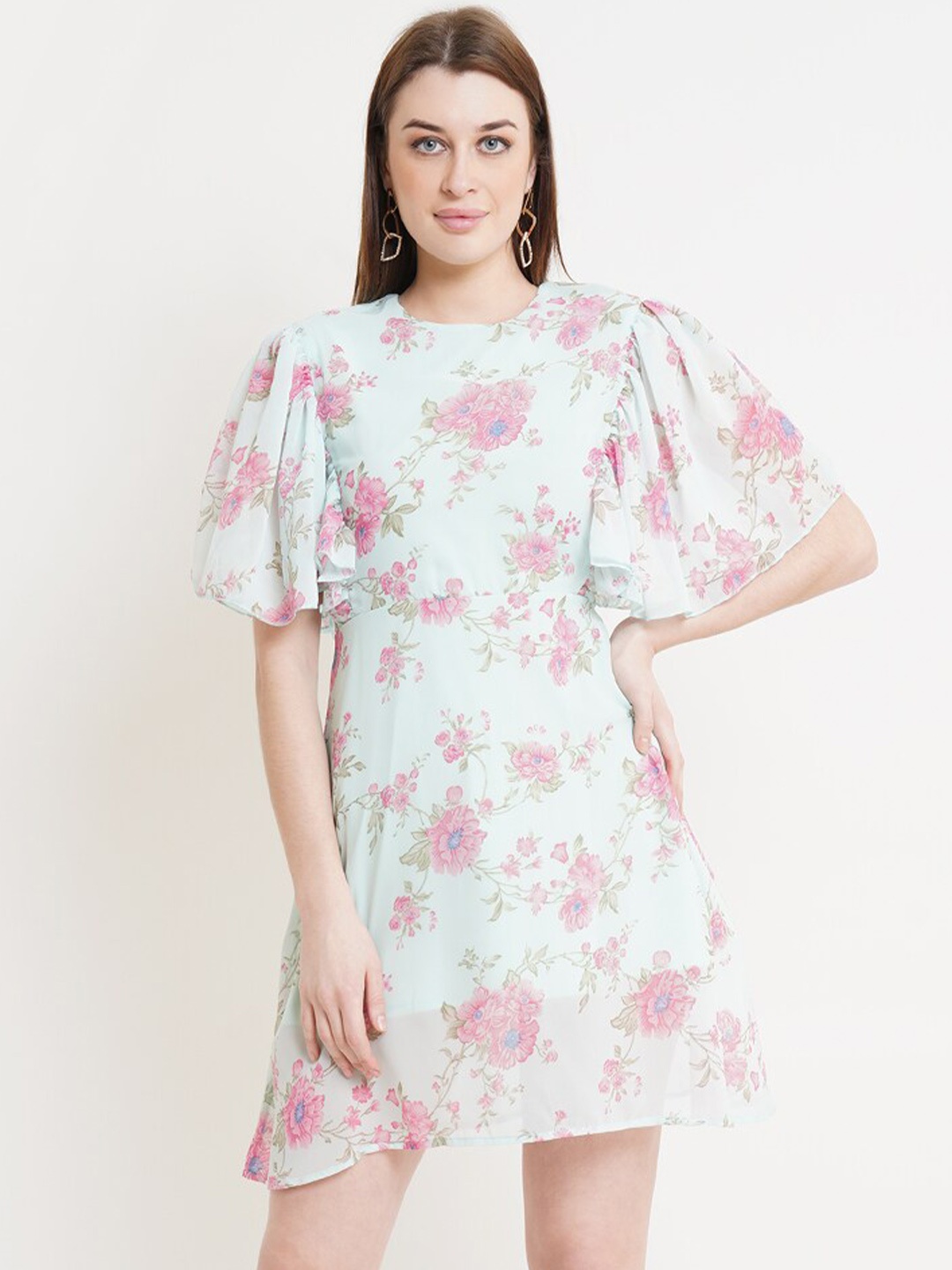 

DODO & MOA Sea Green & Pink Floral Georgette Dress