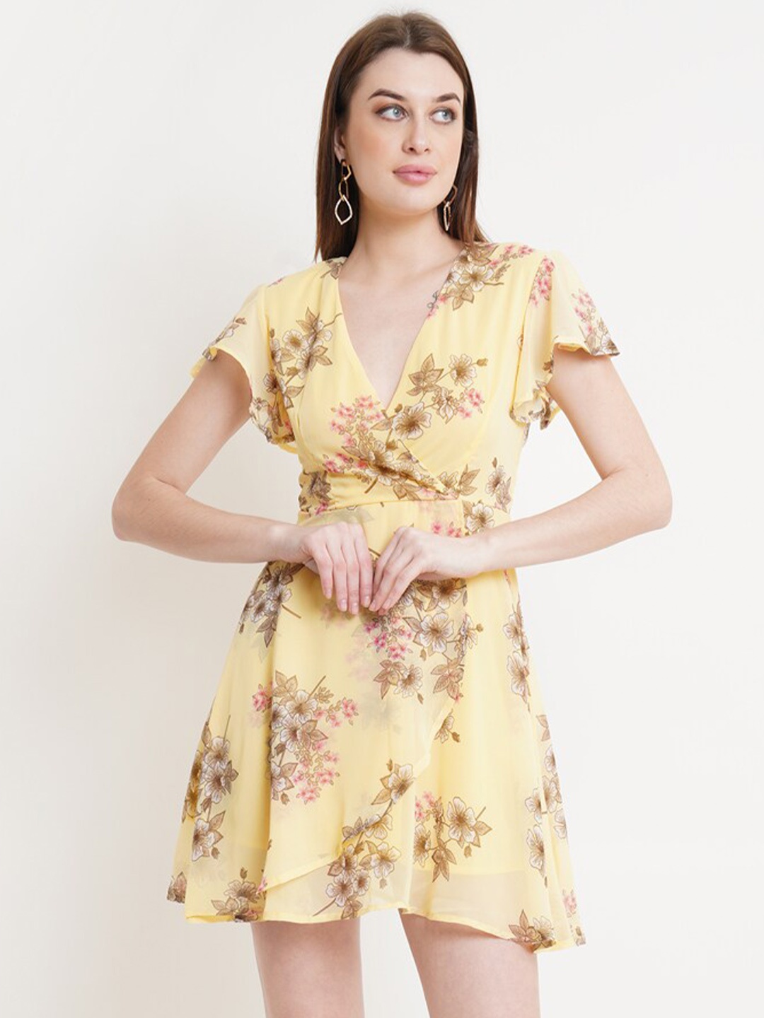 

DODO & MOA Yellow Floral Printed Georgette Wrap Dress