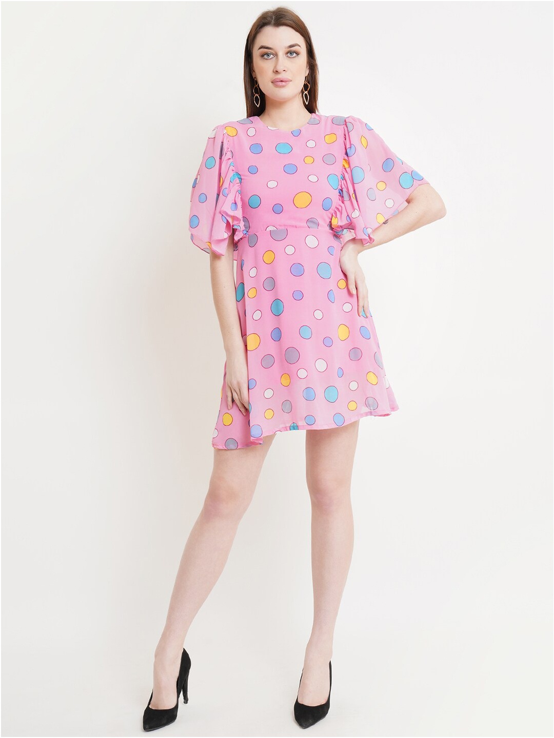 

DODO & MOA Pink & Blue Printed Flared Sleeves Georgette Dress