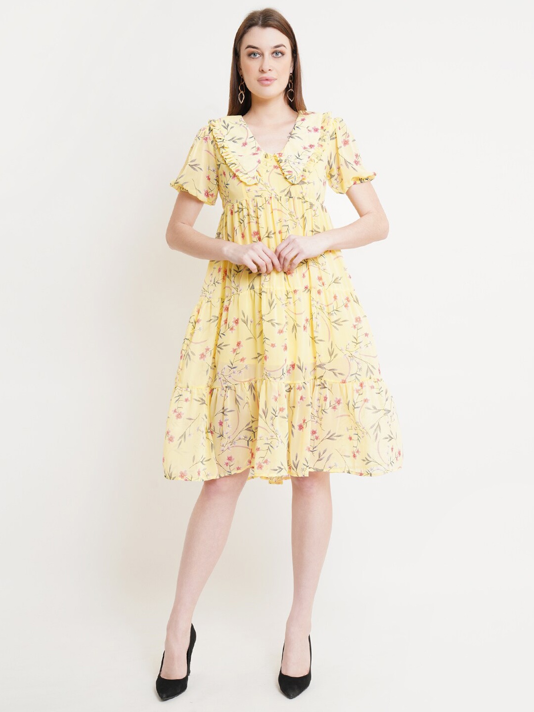 

DODO & MOA Yellow & Green Floral Georgette Dress