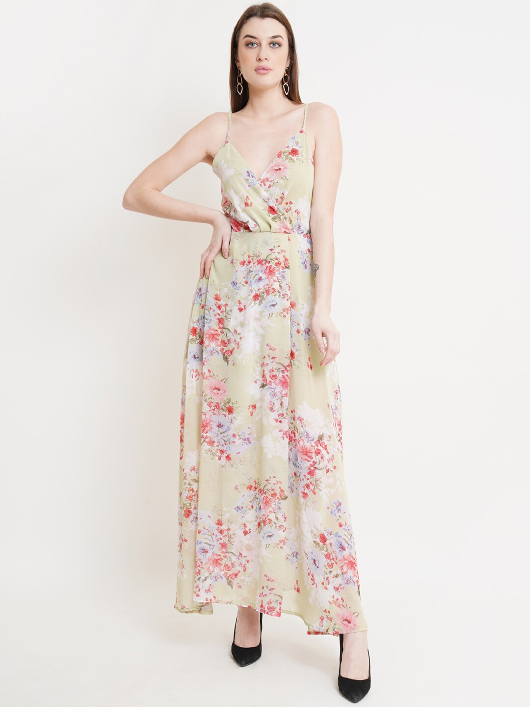 

DODO & MOA Green & Red Floral Printed Georgette Maxi Dress
