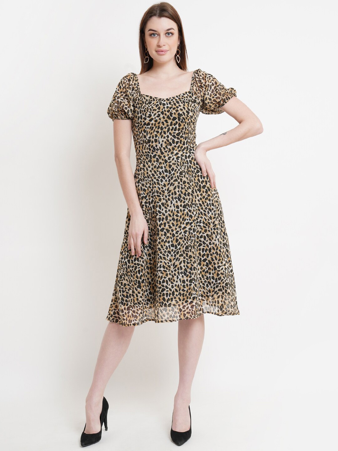 

DODO & MOA Brown & Black Animal Printed Georgette Fit & Flared Dress