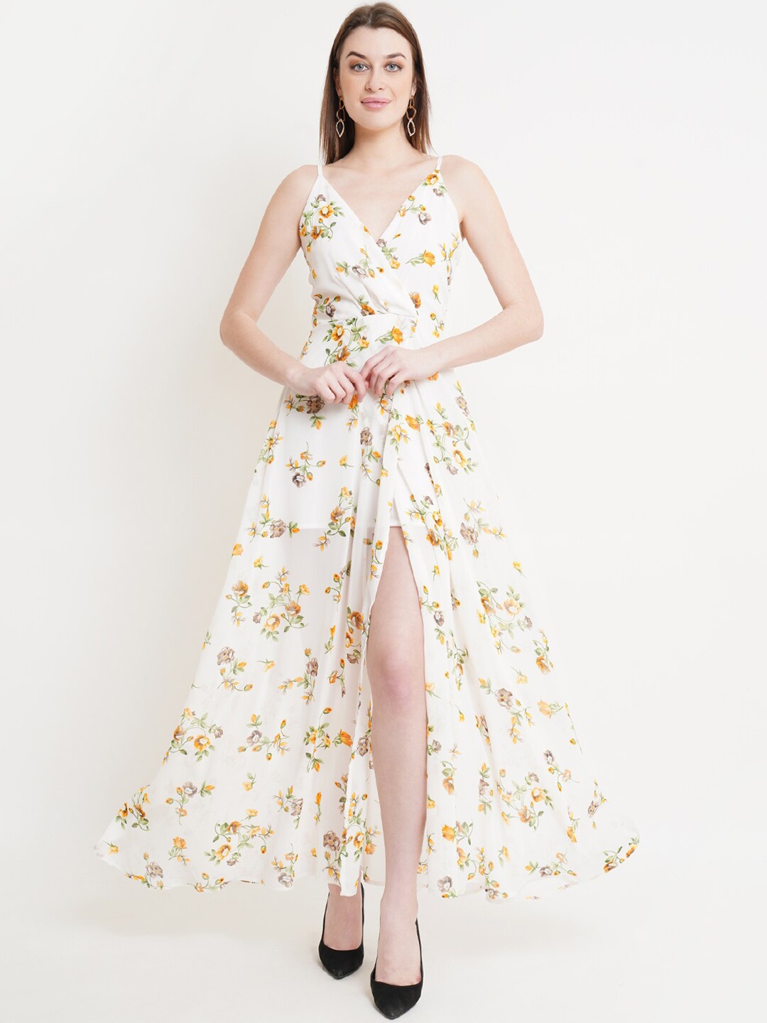 

DODO & MOA Off White & Mustard Yellow Floral Georgette Maxi Dress