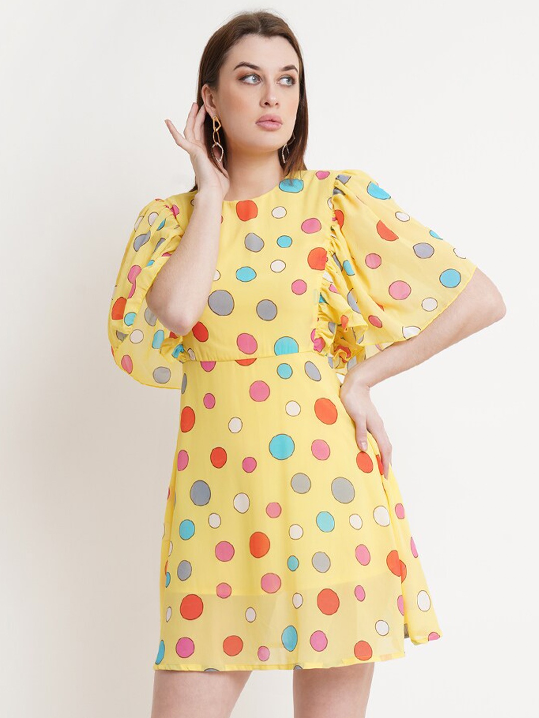 

DODO & MOA Yellow & Red Polka Dots Printed Flared Sleeves Fit & Flare Dress