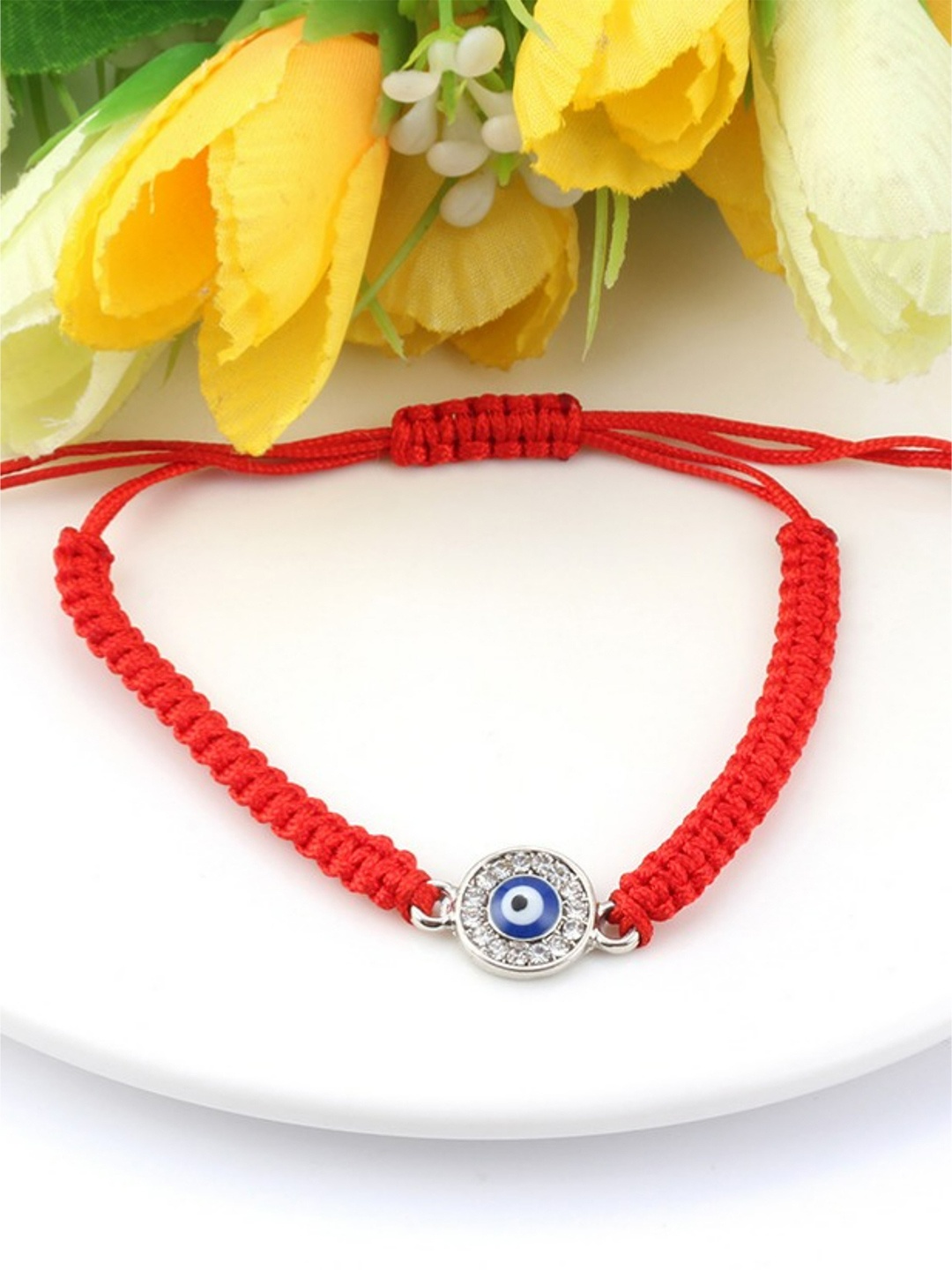 

EL REGALO Women Red & Silver-Toned Handcrafted Evil Eye Charm Bracelet