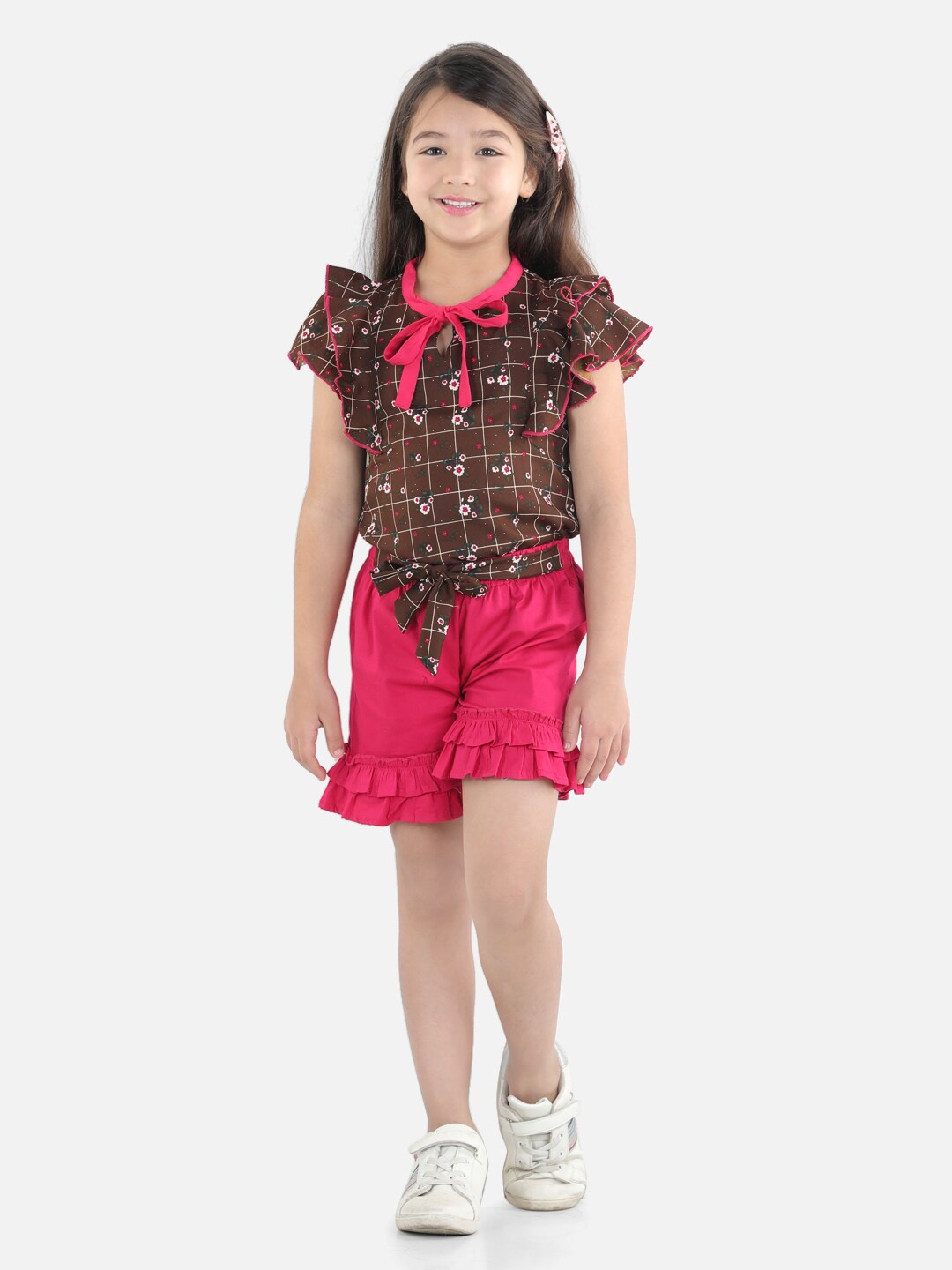 

Cutiekins Girls Brown & Pink Printed Top with Shorts