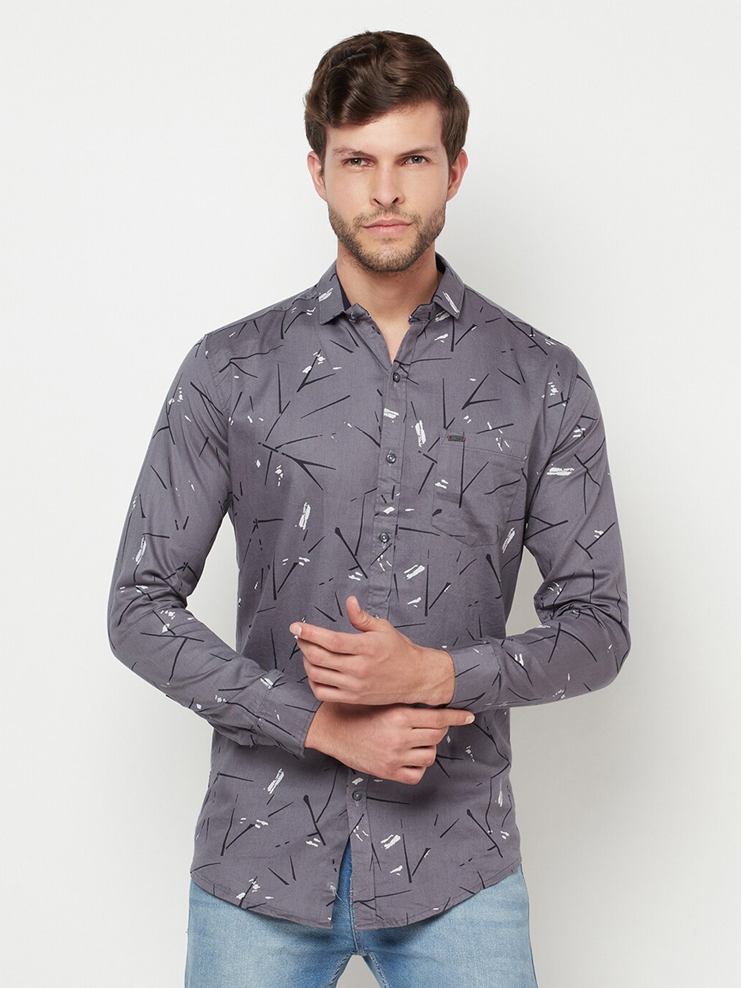 

Purple State Men Grey Slim Fit Printed Casual Shirt