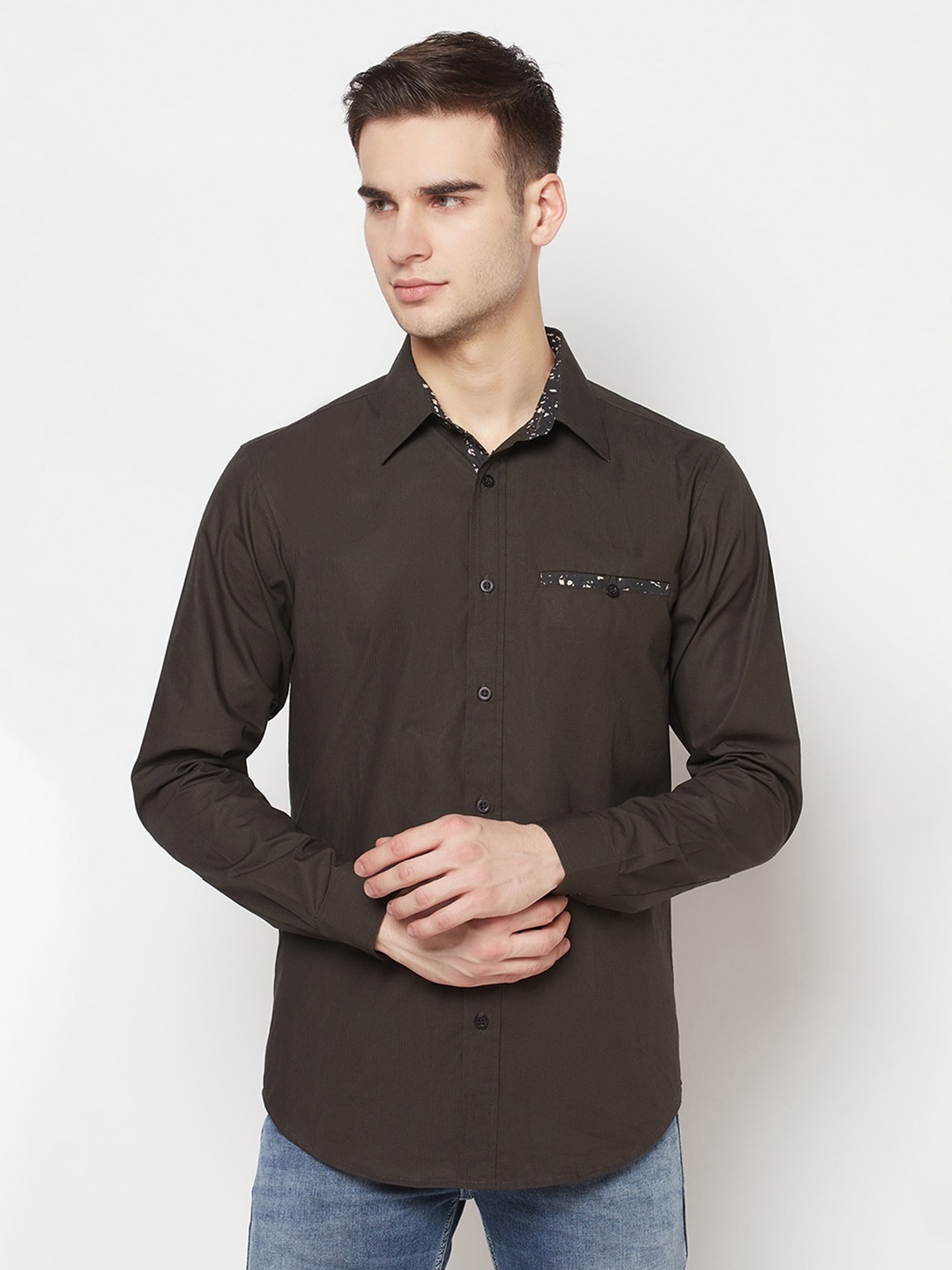 Purple State Men Brown Solid Cotton Slim Fit Casual Shirt