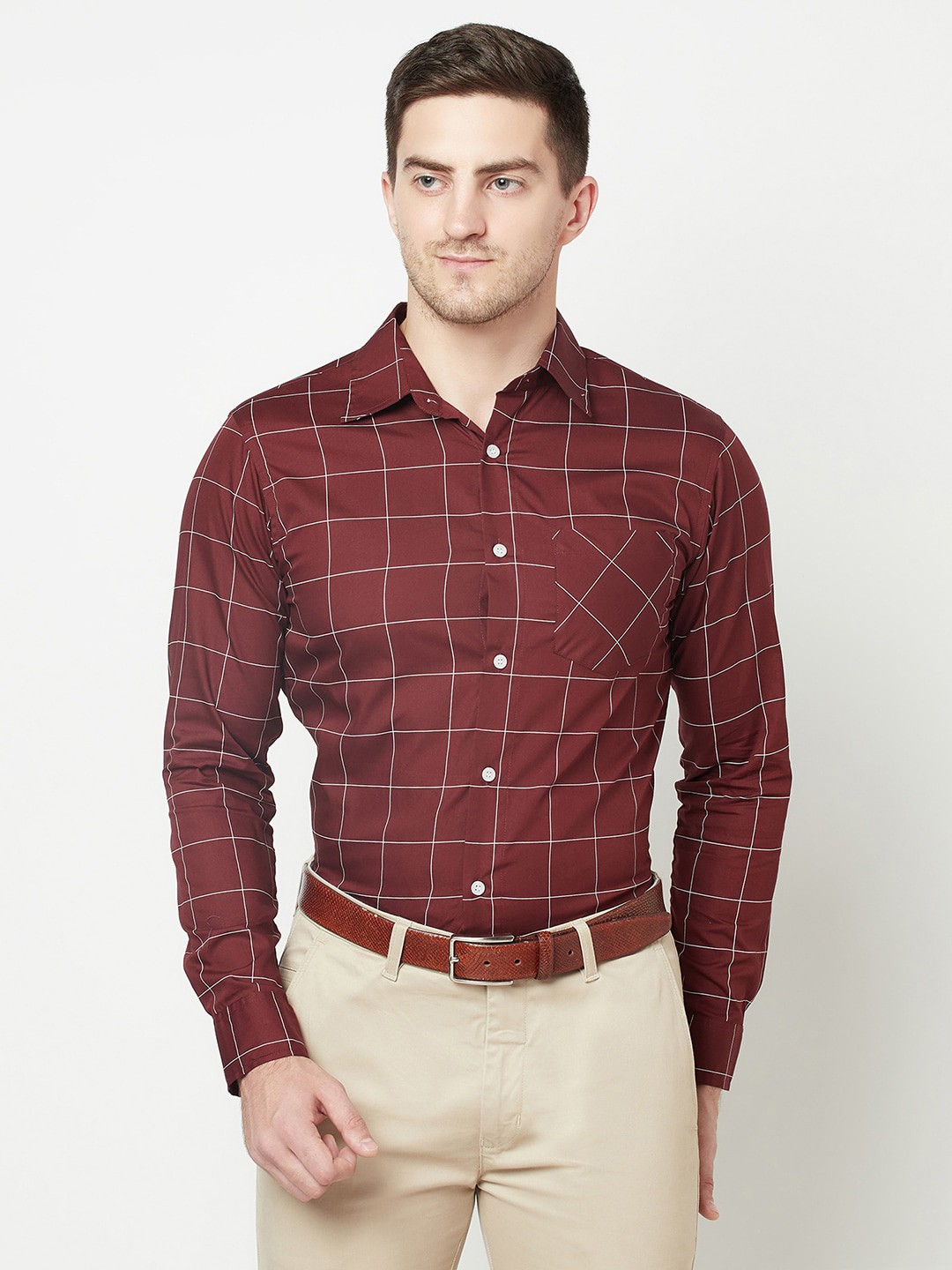 

Purple State Men Maroon Slim Fit Windowpane Checked Cotton Semiformal Shirt