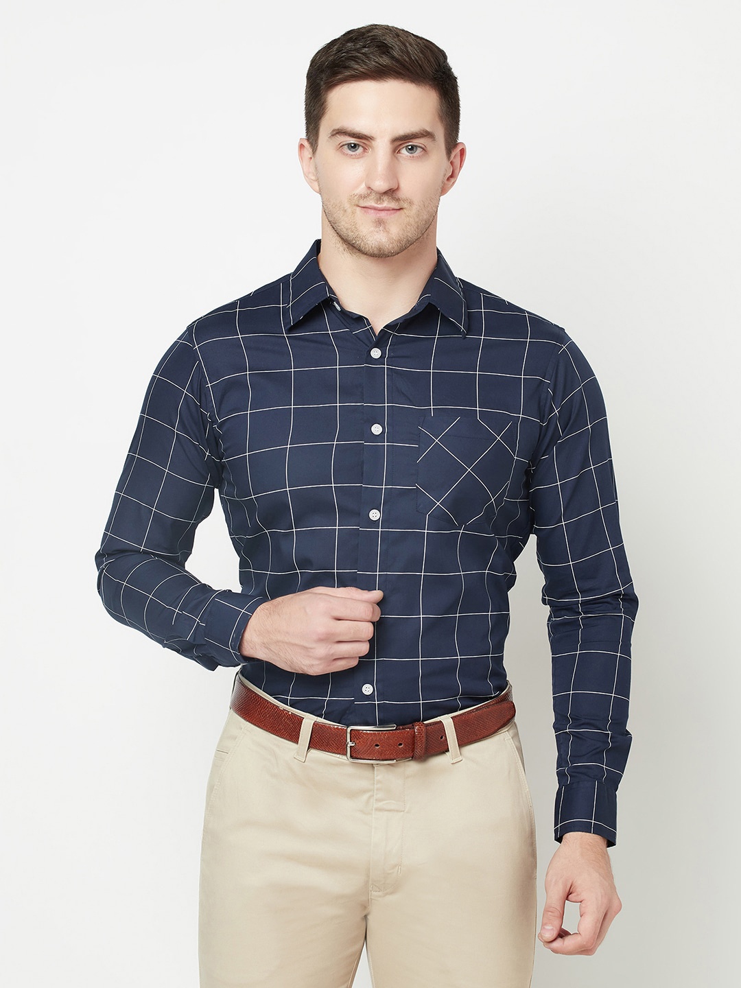 

Purple State Men Blue Slim Fit Windowpane Checks Checked Semiformal Shirt
