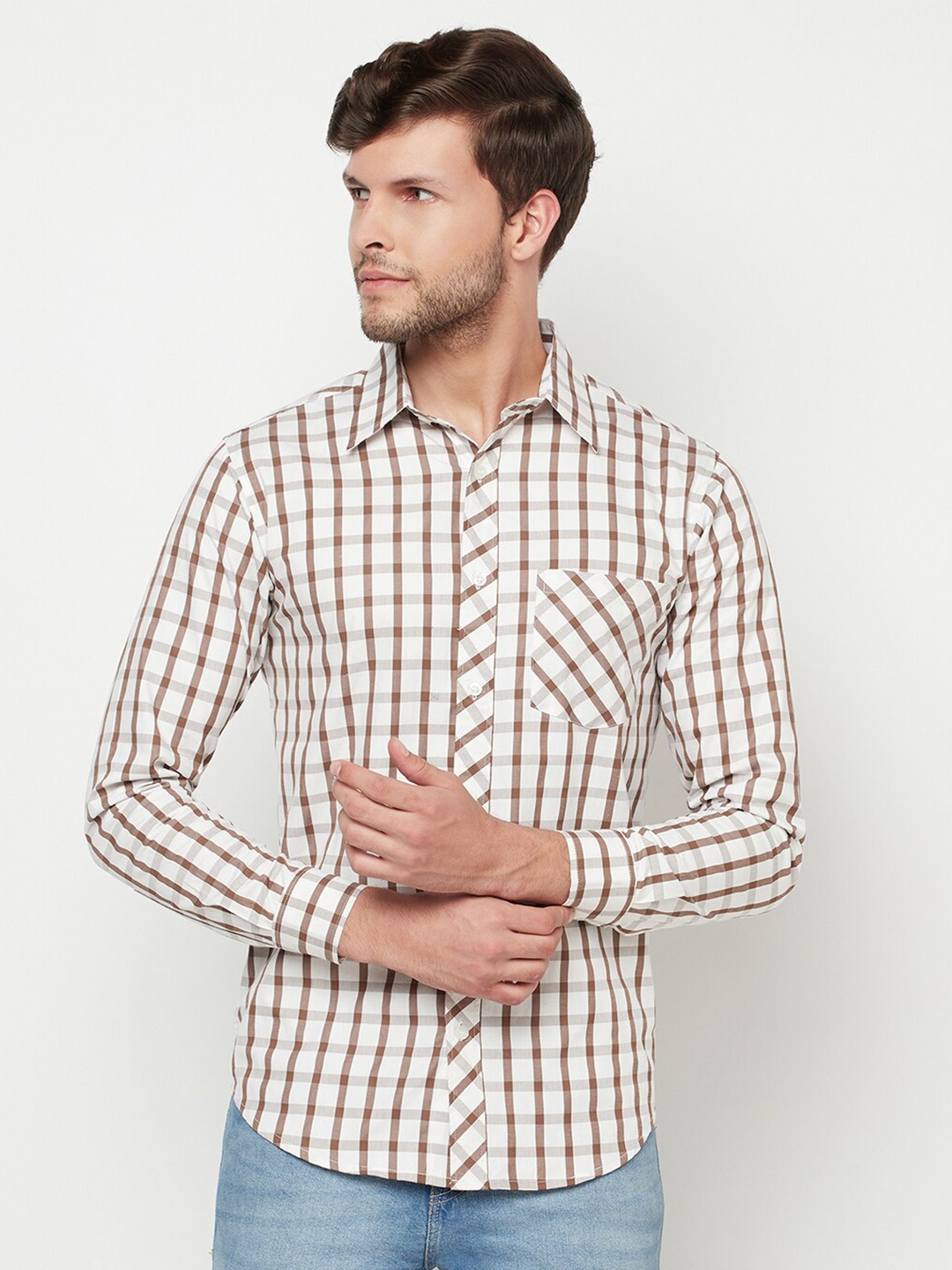 

Purple State Men White & Brown Slim Fit Cotton Checked Casual Shirt
