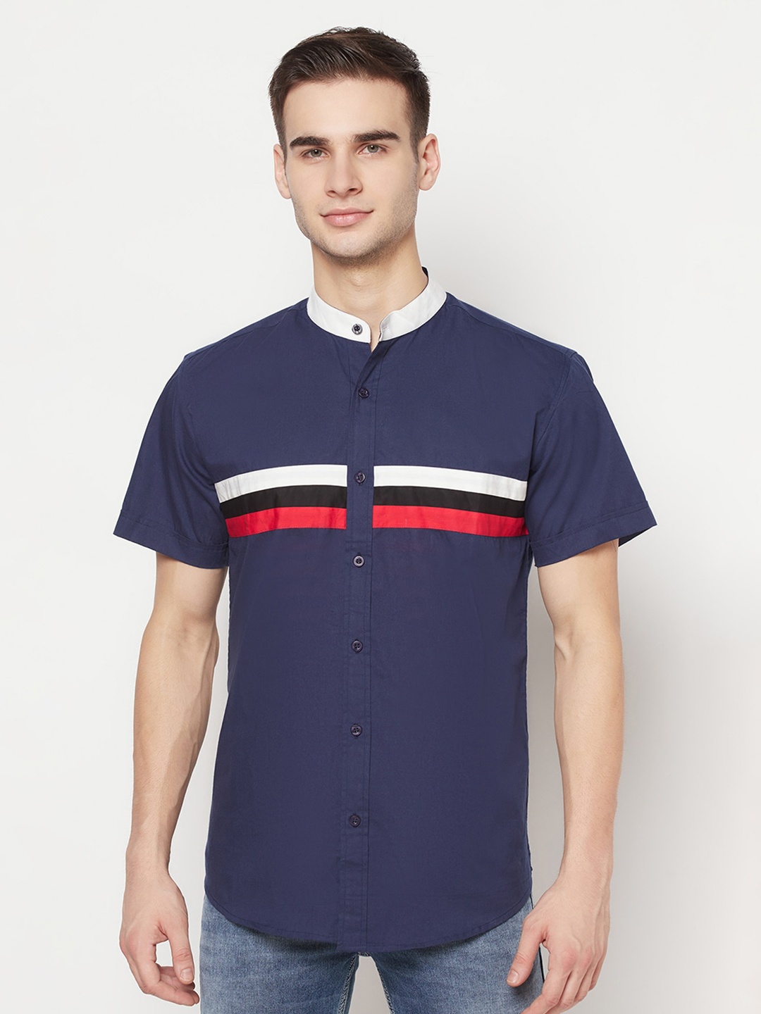 

Purple State Men Blue Slim Fit Striped Cotton Casual Shirt