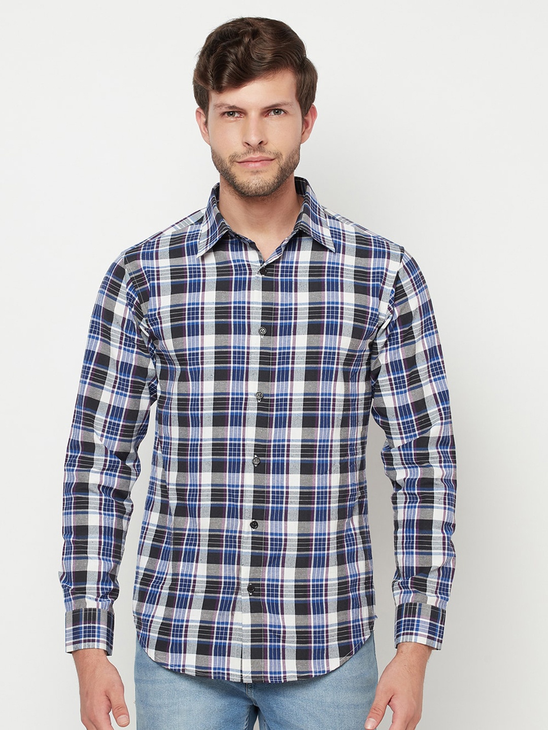 Purple State Men Blue & Black Slim Fit Checked Casual Shirt
