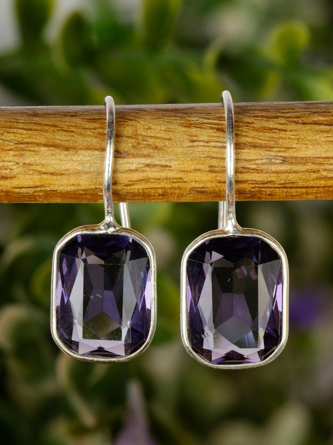 

EL REGALO Purple & Silver-Toned Stone Studded Square Drop Earrings