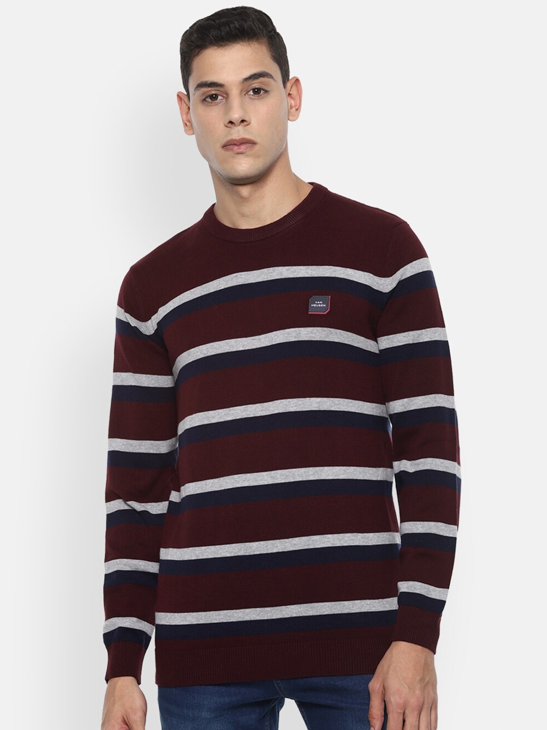 

Van Heusen Sport Men Cotton Maroon & Grey Striped Pullover