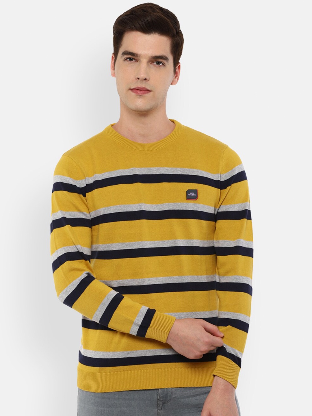 

Van Heusen Sport Men Yellow & Grey Striped Pullover