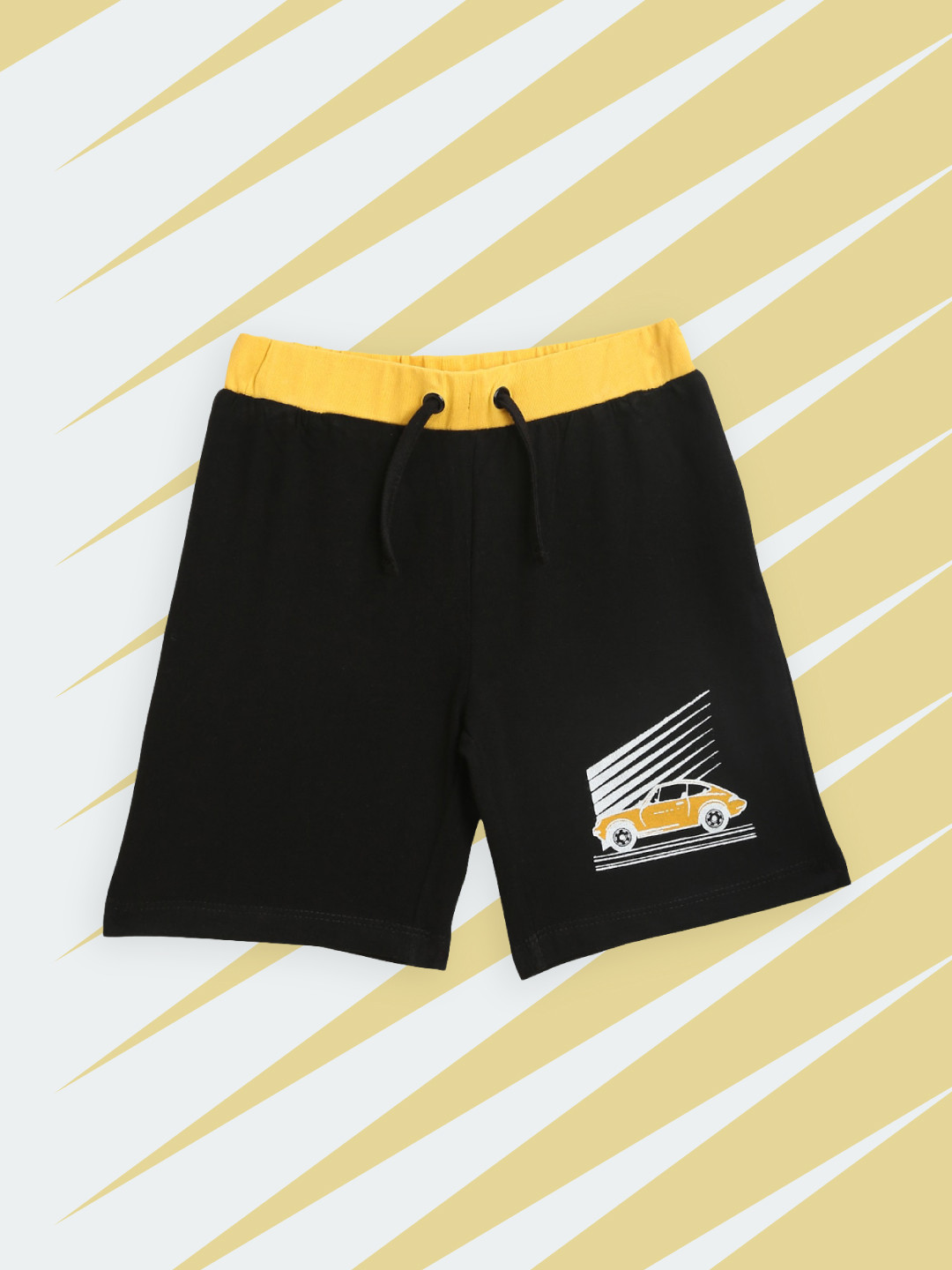 

YK Boys Black & Yellow Solid Regular Fit Pure Cotton Shorts with Car Print Detail