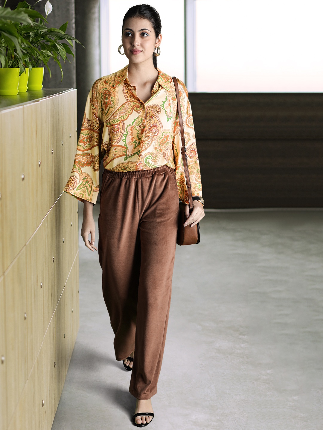 

MANGO Women Beige & Green Printed Oversize Casual Shirt