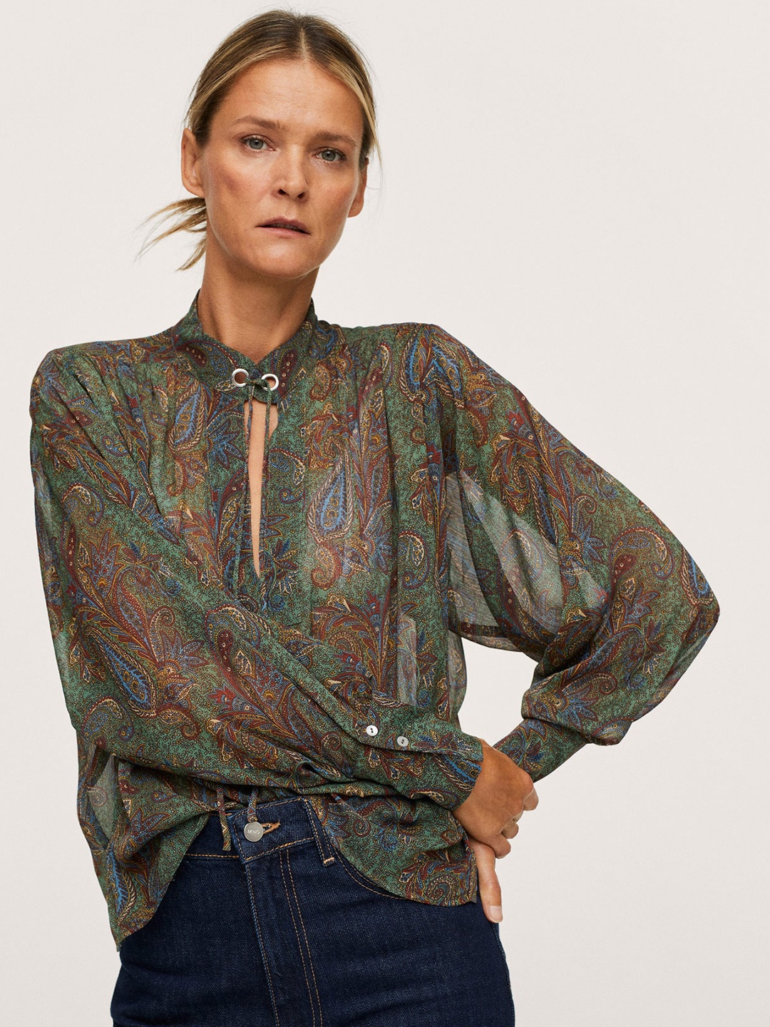 

MANGO Green & Maroon Printed Tie-Up Neck Semi-Sheer Top