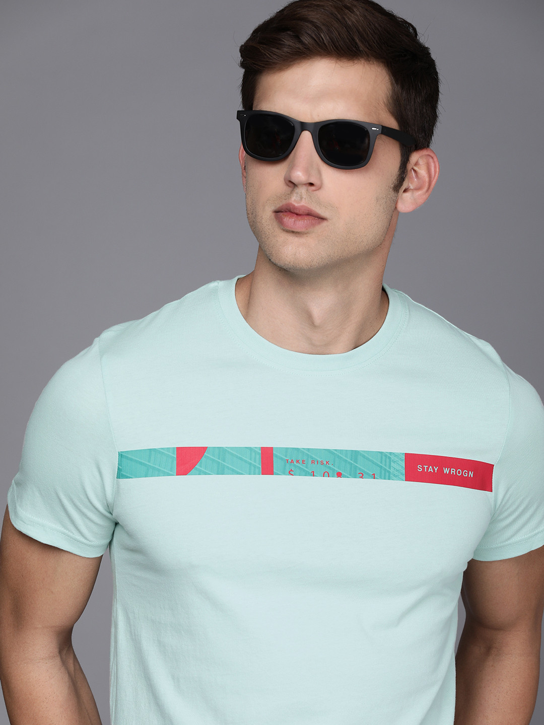 

WROGN Men Light Blue Typography Striped Slim Fit Pure Cotton T-shirt