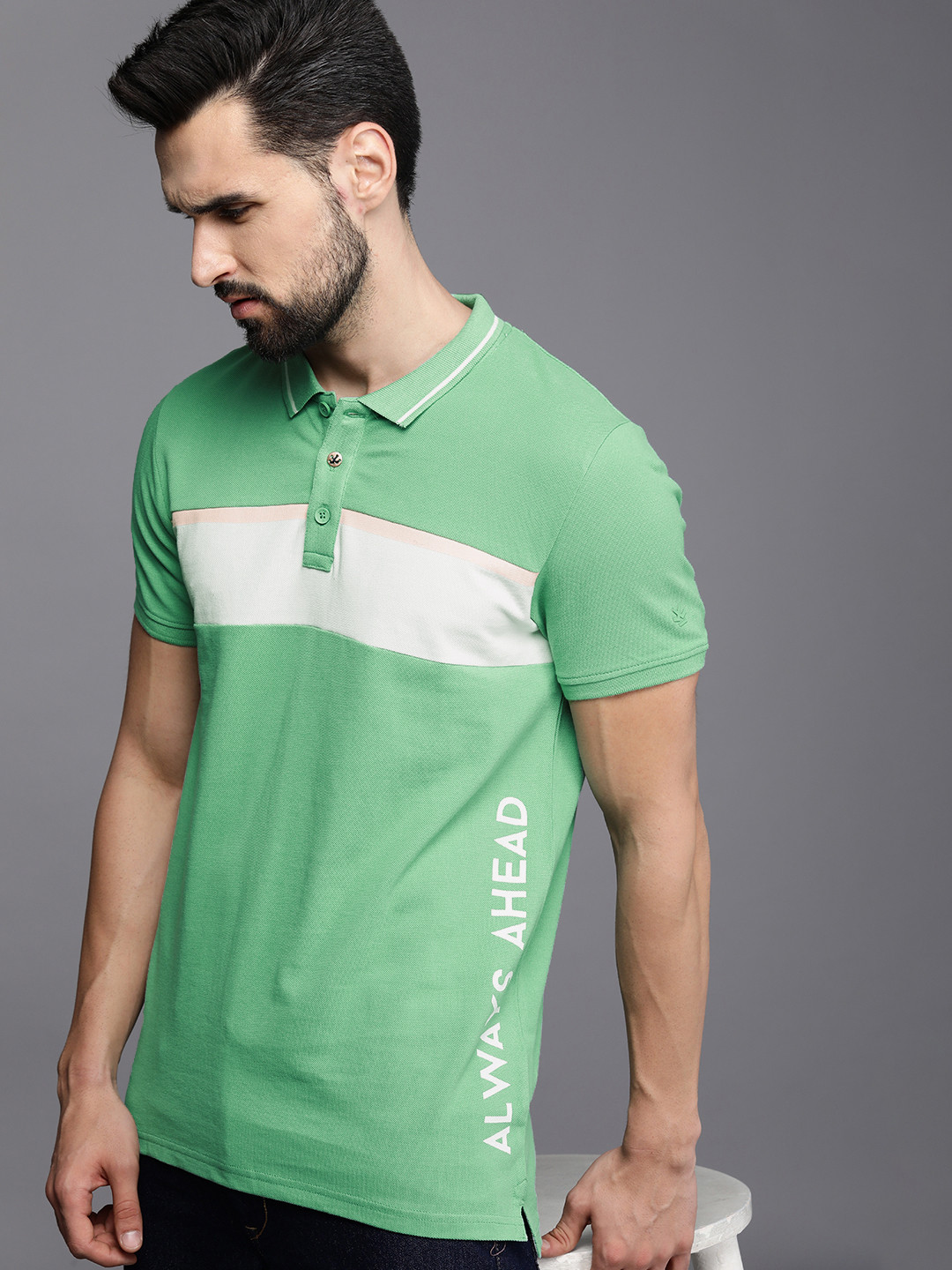 

WROGN Men Mint Green & White Colourblocked Polo Collar Pure Cotton Slim Fit T-shirt