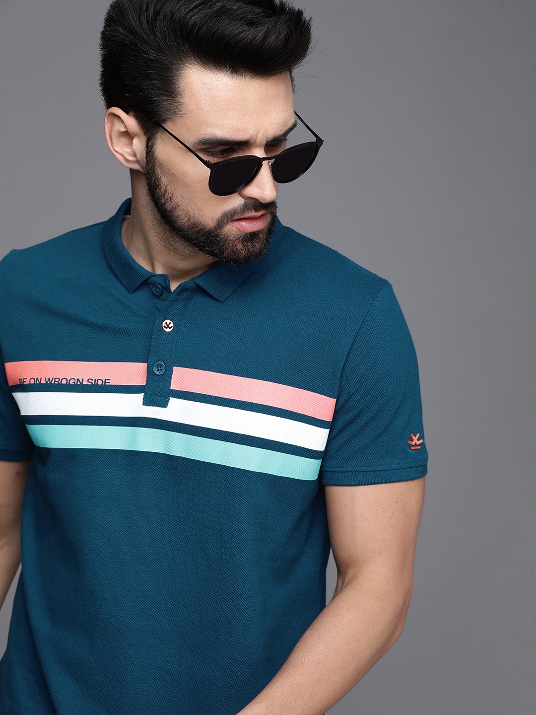 

WROGN Men Teal Blue Striped Polo Collar Slim Fit Pure Cotton T-shirt