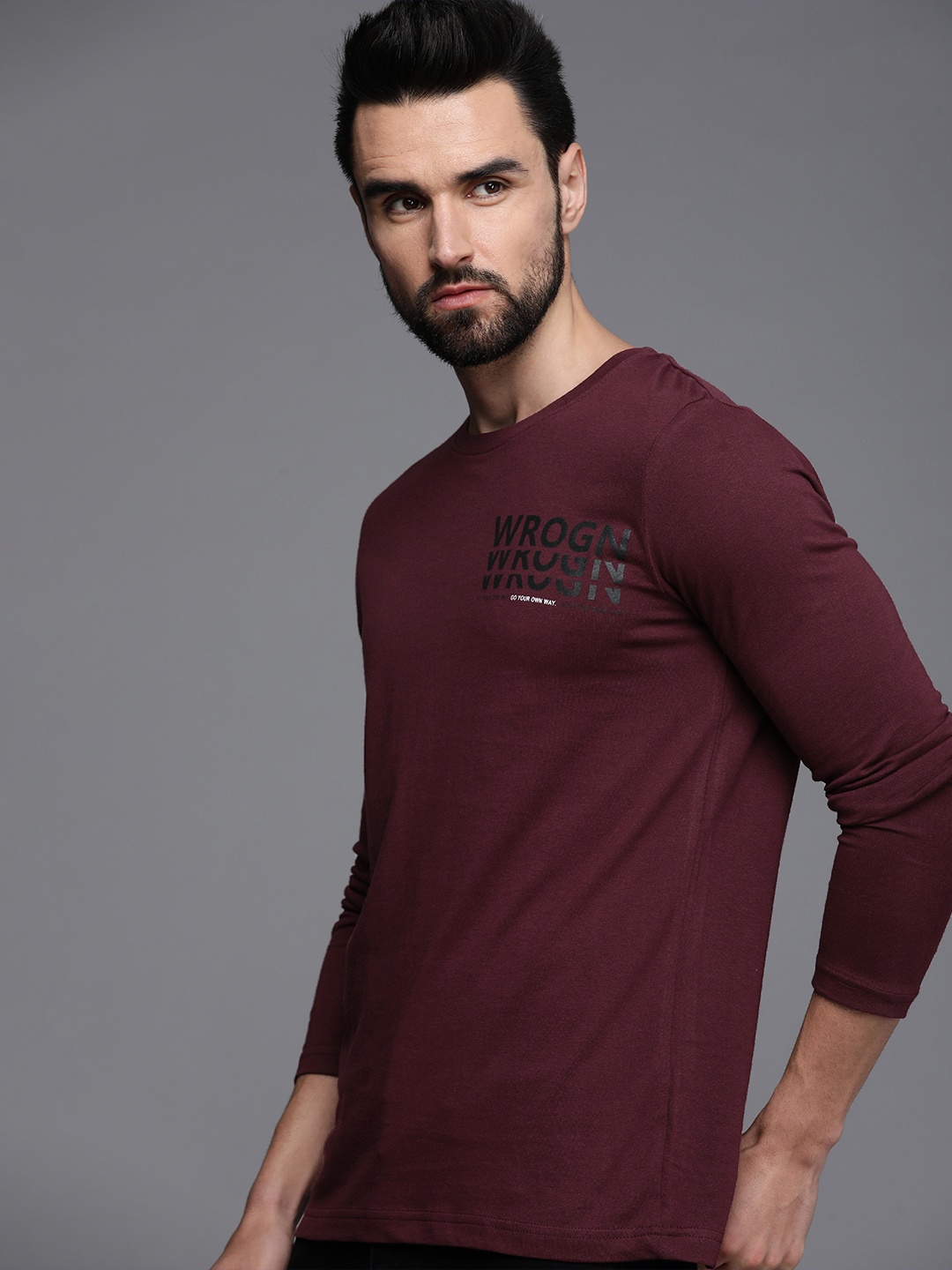

WROGN Men Maroon Typography Printed Pure Cotton Slim Fit T-shirt