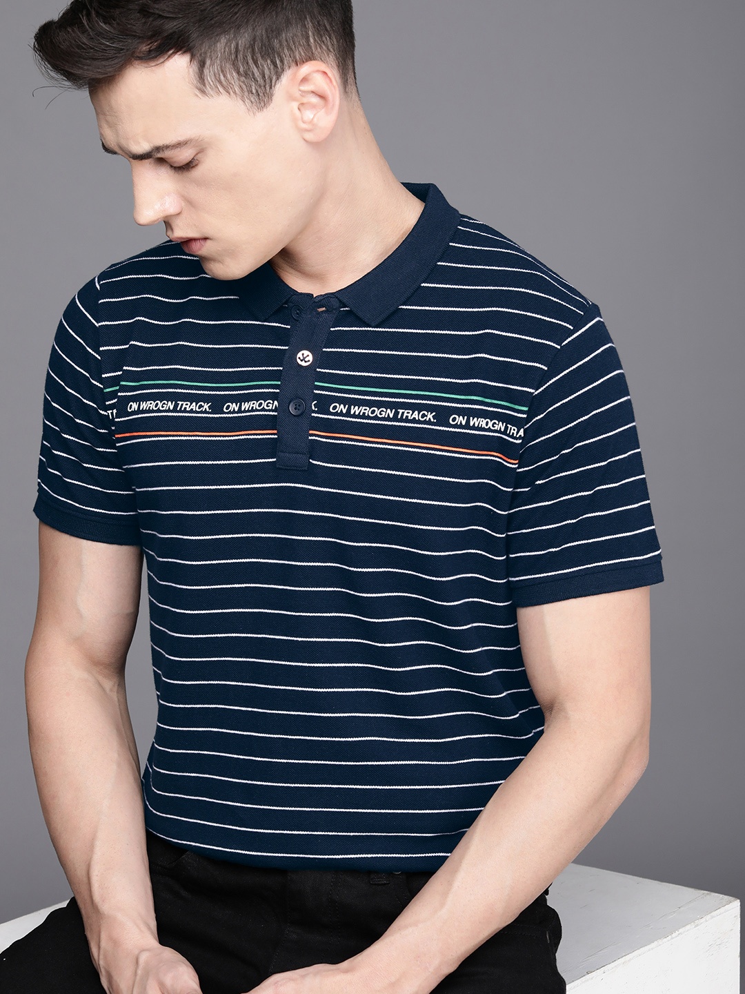 

WROGN Men Navy Blue & White Striped Pure Cotton Polo Collar T-shirt