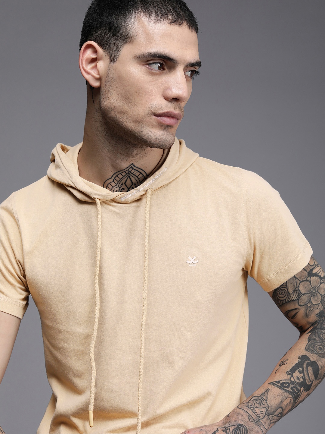 WROGN Men Beige Hooded T-shirt