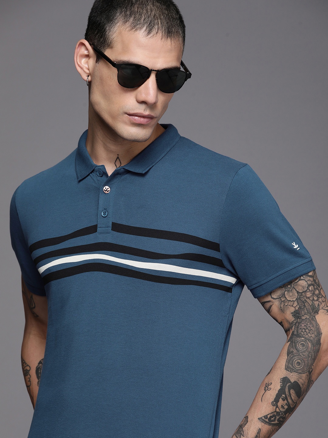 

WROGN Men Blue & Black Printed Polo Collar Slim Fit Pure Cotton Casual T-shirt