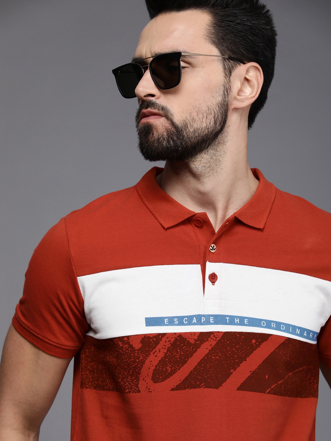 

WROGN Men Rust Orange Colourblocked Polo Collar Slim Fit Pure cotton T-shirt