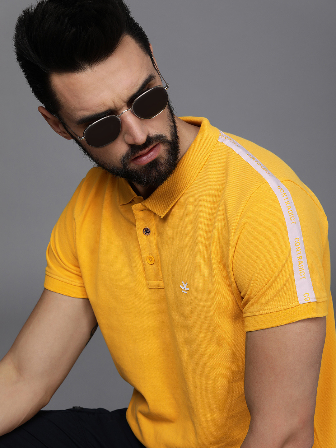 

WROGN Men Yellow & White Typography Printed Pure Cotton Polo Collar T-shirt