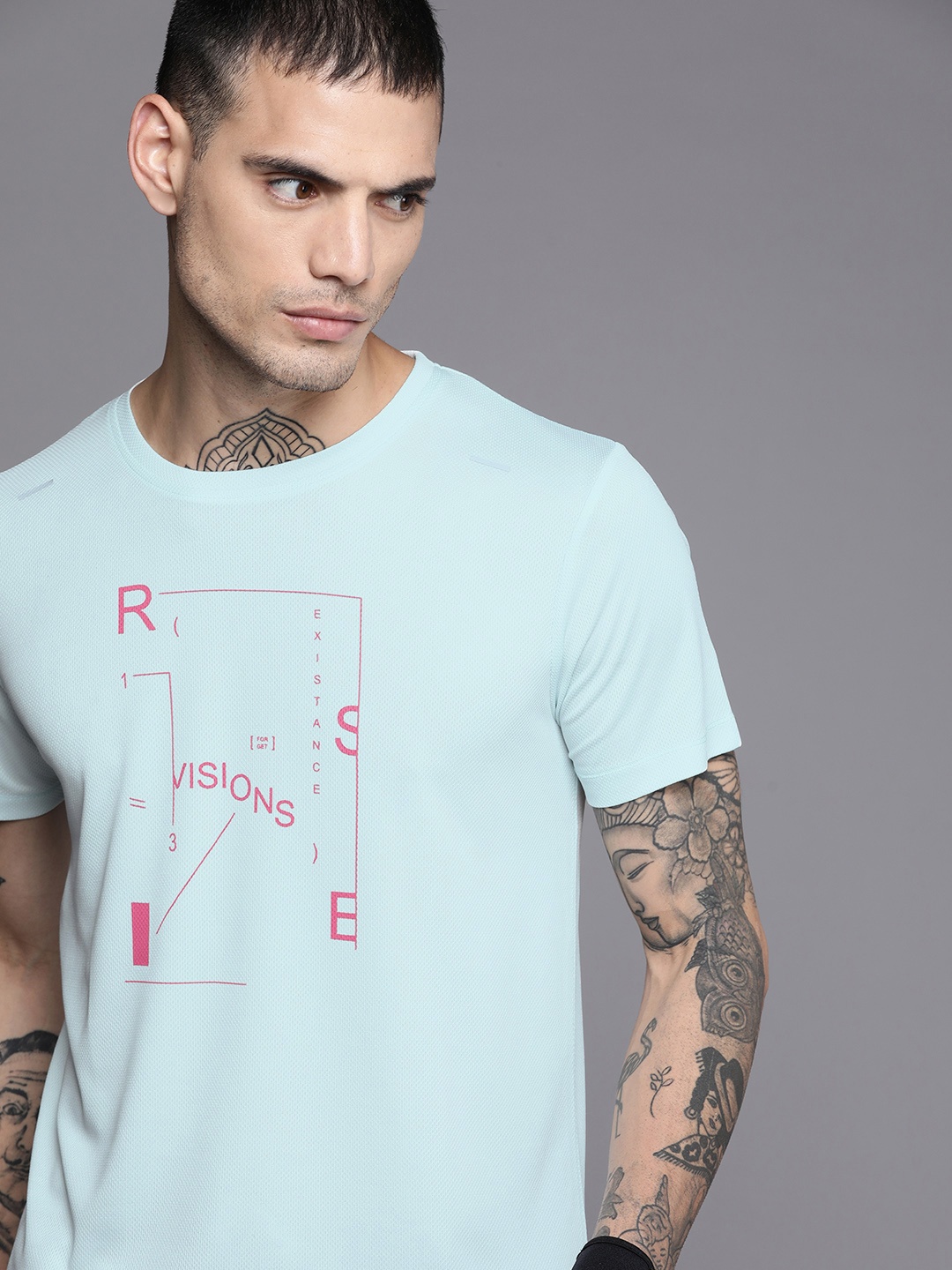 

WROGN ACTIVE Men Blue Typography Print Round Neck Dry Pro Slim Fit Outdoor Sports T-shirt