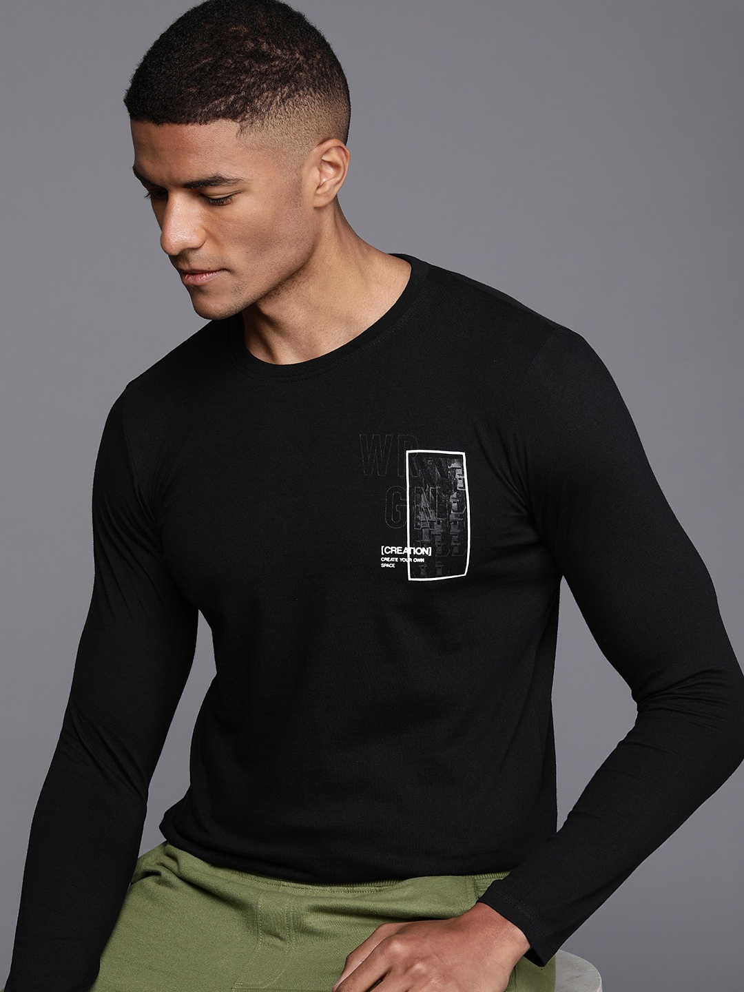 

WROGN Men Black Typography Printed Pure Cotton T-shirt