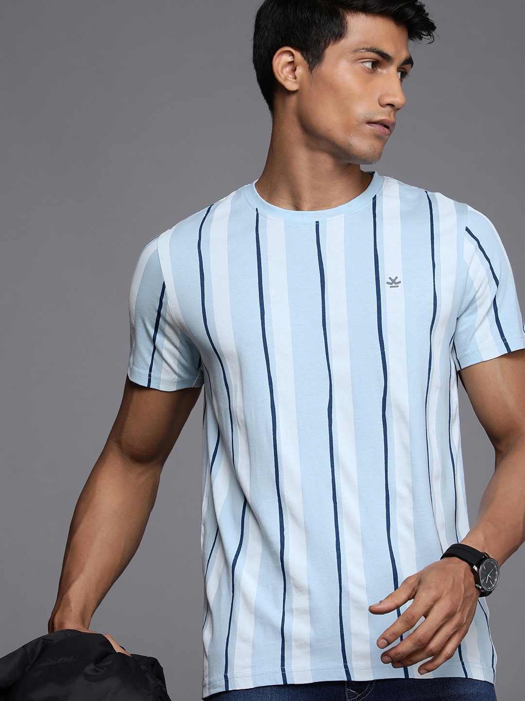 

WROGN Men Blue & White Pure Cotton Striped Short Sleeves Round Neck T-shirt