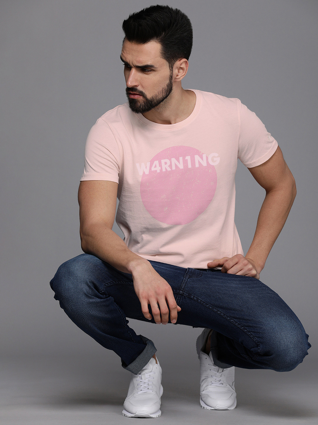 

WROGN Men Pink Typography Printed Pure Cotton Slim Fit T-shirt