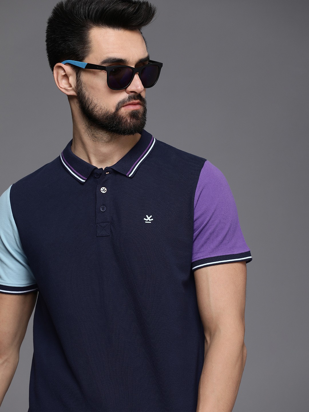 

WROGN Men Navy Blue Polo Collar Slim Fit T-shirt Pure Cotton with Contrast Sleeves