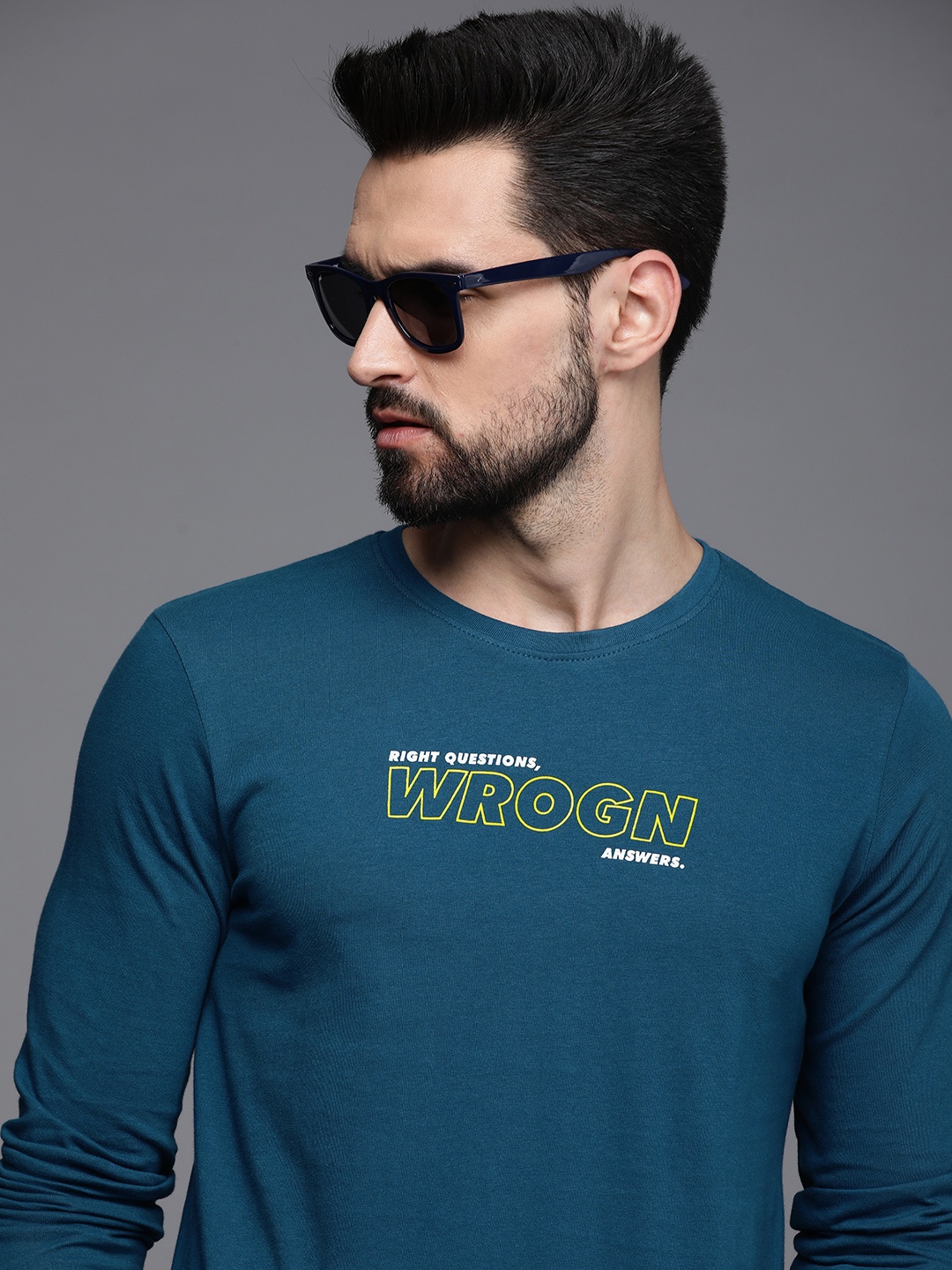 

WROGN Men Teal Blue Typography Printed Slim Fit Pure Cotton T-shirt