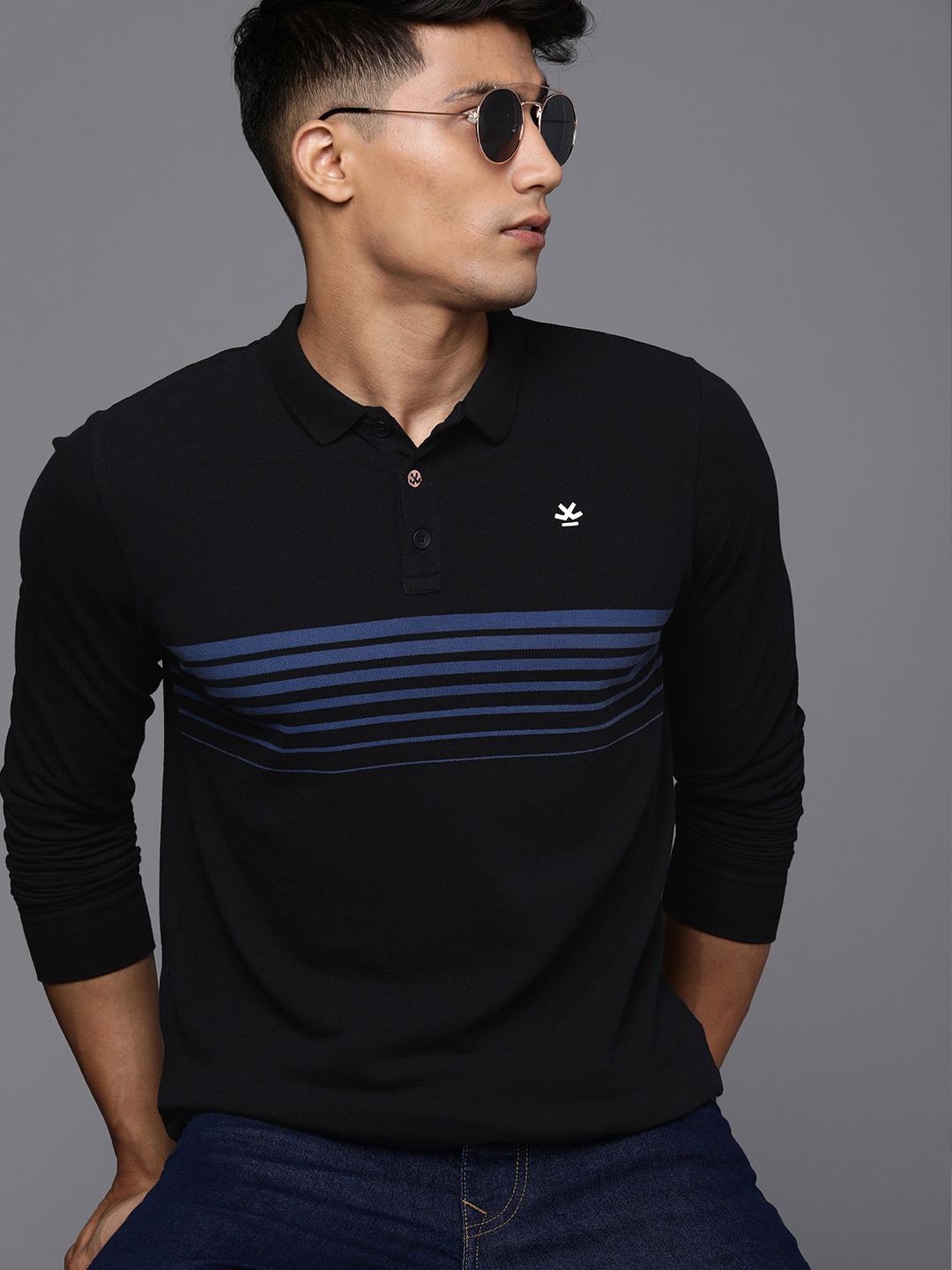 

WROGN Men Black & Blue Striped Polo Collar Slim Fit T-shirt