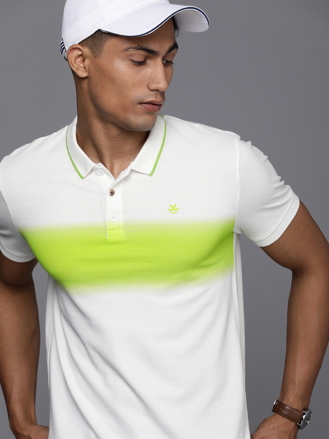 

WROGN Men White & Lime Green Colourblocked Polo Collar Slim Fit T-shirt