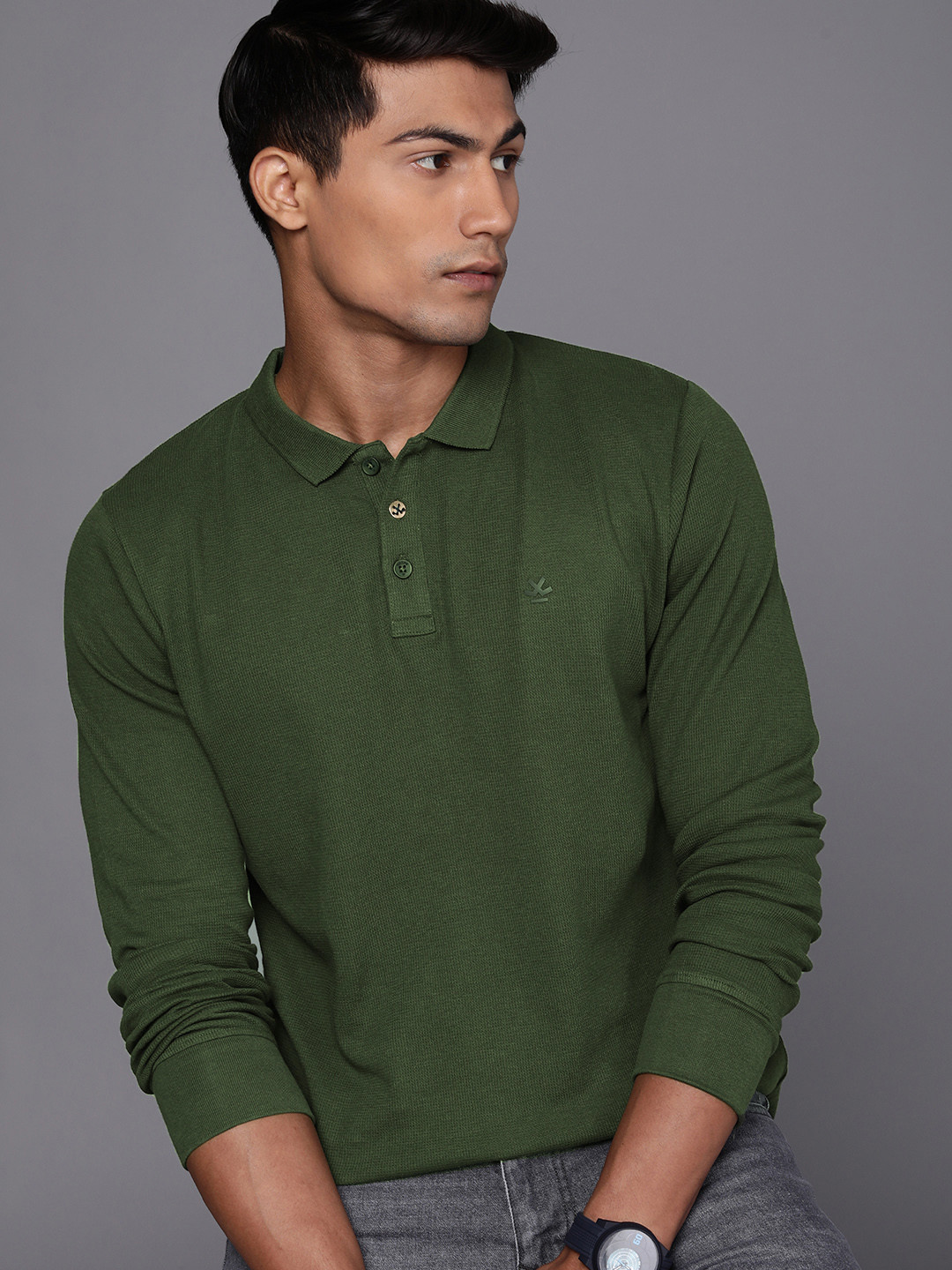 

WROGN Men Olive Green Polo Collar Slim Fit Pure Cotton T-shirt