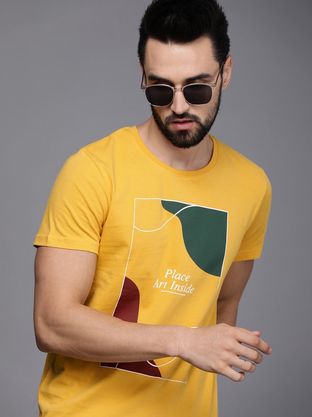 

WROGN Men Yellow & Multicoloured Typography Printed Slim Fit Pure Cotton T-shirt