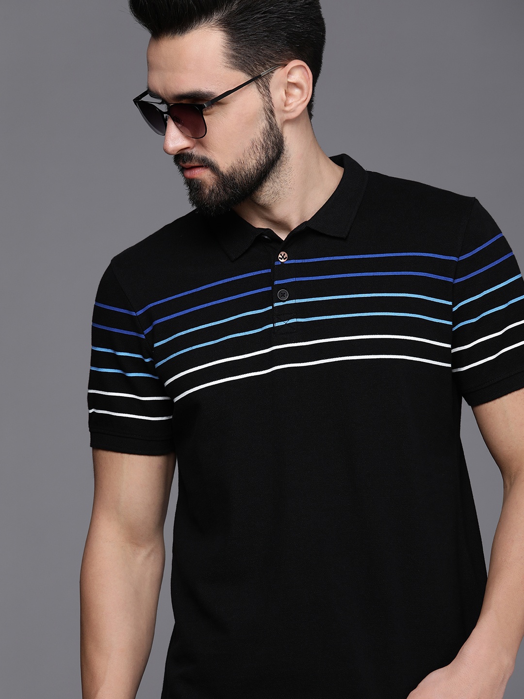 

WROGN Men Black & Blue Striped Slim Fit Pure Cotton Polo Collar T-shirt