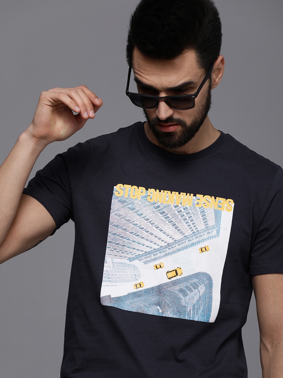 

WROGN Men Navy Blue Printed Pure Cotton T-shirt