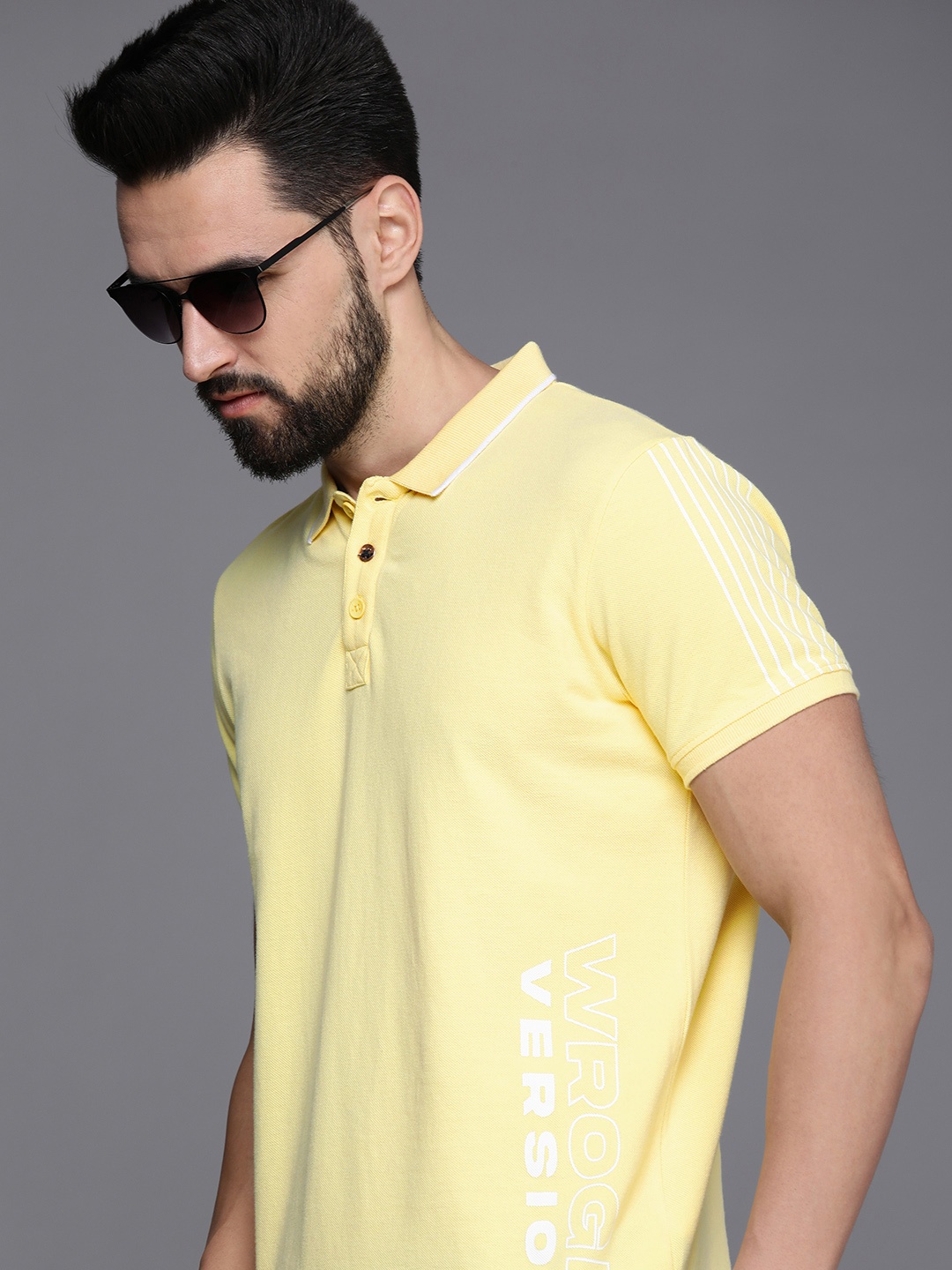 

WROGN Men Yellow & White Typography Printed Slim Fit Pure Cotton Polo Collar T-shirt