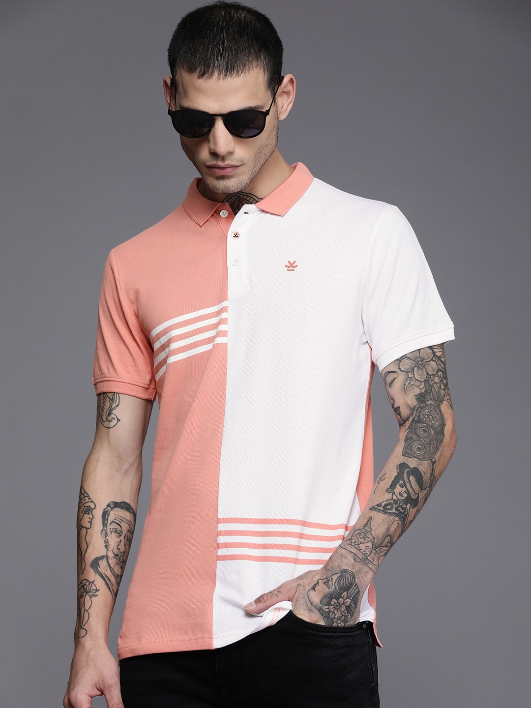 

WROGN Men Coral Pink & White Colourblocked Polo Collar Pure Cotton Slim Fit T-shirt